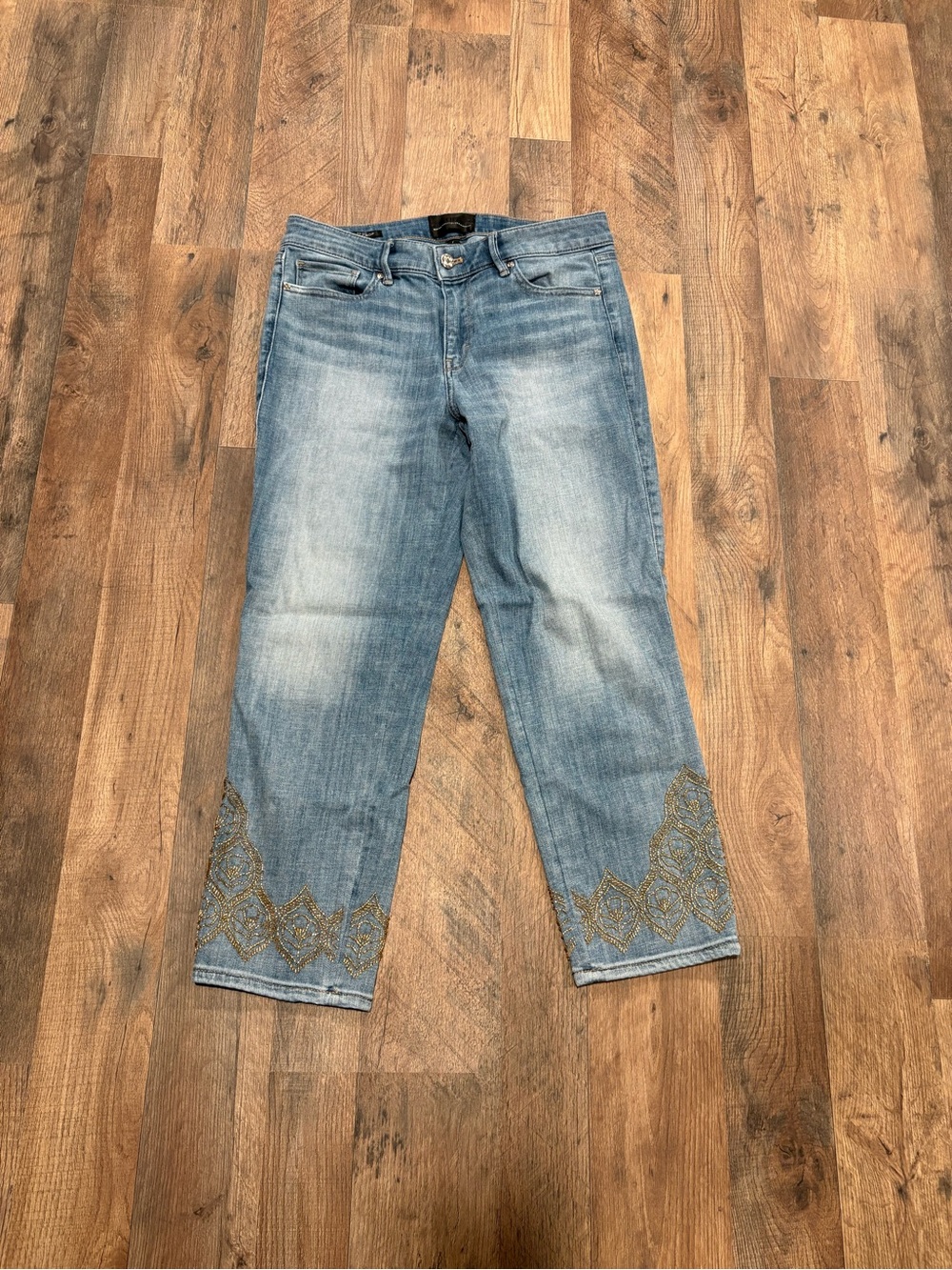 White House Black Market mid-rise slim crop gold beaded Jeans Size 6
